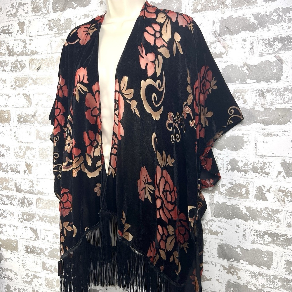 Bijorca Velvet Burnout Kimono Ruana Black Autumn Red Fringe Boho Whimsygoth 1 Sz